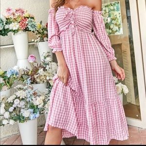 NEW Gingham Shirred Ruffle Hem Bardot Dress SIZE L